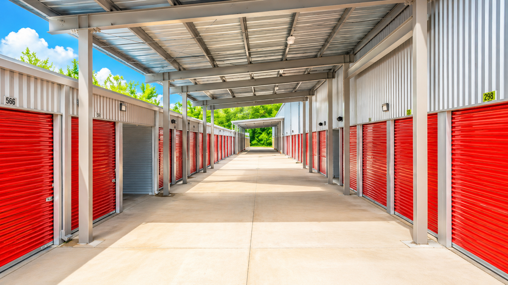 Covered access hallway with red roll-up storage doors and protected loading area at Modern Storage® North Little Rock.